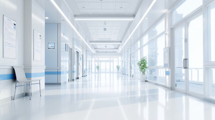 Medical Background,  A deserted hospital corridor stretching into the distance, featuring large glass windows allowing soft natural light to illuminate the space. White walls are