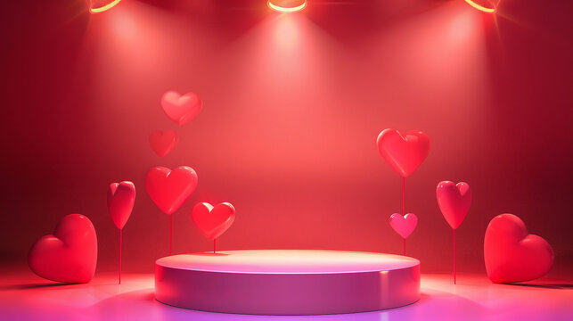 A glossy cylindrical podium is set on a background with abstract heart motifs in red and pink. Bright studio lights highlight the podium, making it ideal for displaying products.