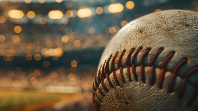 Worn leather baseball with red stitching is in focus in the foreground with blurred stadium lights and fans in the background.