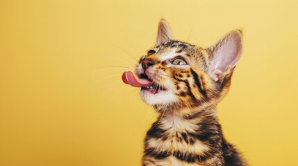 Obraz premium A mischievous and hungry Bengal kitten eating and licking its lips with tongue. Isolated on a soft yellow pastel background.