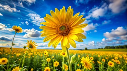 Bright yellow petals shining like gold, tall stem standing proudly amidst lush green field under vibrant blue summer sky.