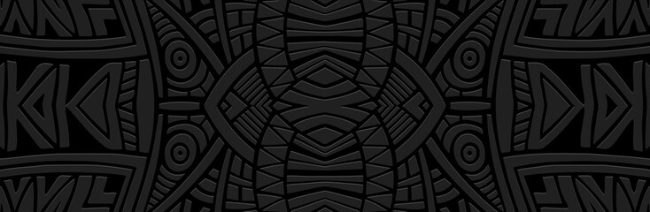 Banner, cover design. Relief geometric original 3D pattern on a black background, embossing. Ethnic ornaments, arabesques, handmade. Tribal motifs of the East, Asia, India, Mexico, Aztec, Peru.