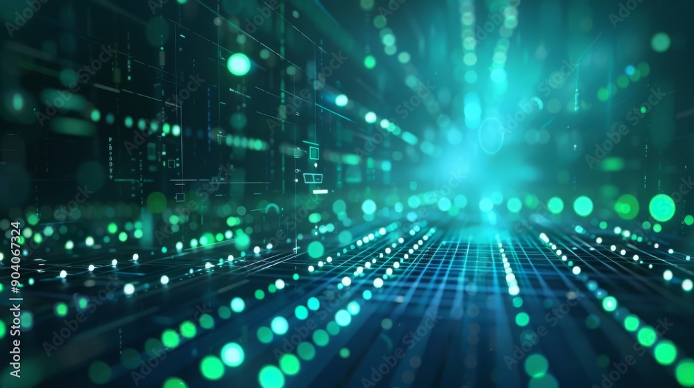 Poster digital networks are symbolized by glowing dots in abstract technology background, showing data flow