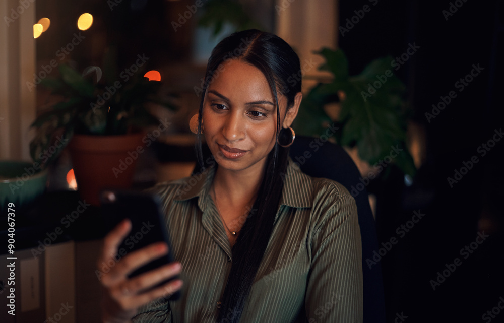 Poster Woman, scroll and smartphone in office or reading and internet for mobile app or notification. Technology, journalist and smile for blog, connectivity and work at night or social media for networking
