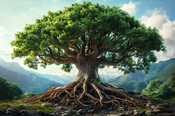 Symbol of Sustainability, Tree with Roots and Leaves, A large healthy tree with expansive roots and lush foliage