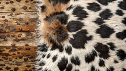 Rustic bohemian design featuring abstract pattern overlay on realistic black and white spotted cowhide with natural fur texture and rural undertones.