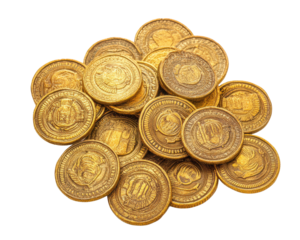 A pile of gold coins with different designs and sizes