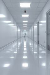 Fototapeta premium Medical Background, Empty hospital hallway with clean white walls and bright overhead lights, featuring a set of double doors at the end. The polished floor reflects the