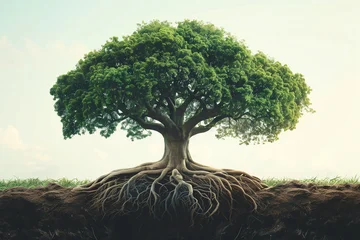 Symbol of Sustainability, Tree with Roots and Leaves, A large healthy tree with expansive roots and lush foliage © patchiya