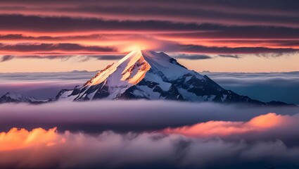 Sunset Glow on Snow-Capped Mountain Peak Amid Clouds
