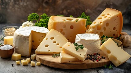 An assortment of various cheeses displayed on a wooden board with herbs, spices, and greens in the background.
