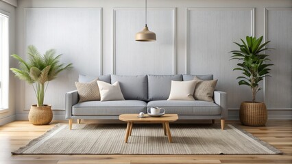 Minimalist coastal living room with sleek grey sofa, natural fiber rug, and decorative accents against a serene blank wall backdrop.