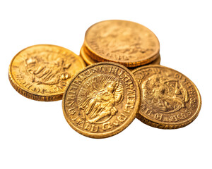 A pile of gold coins with different designs and sizes