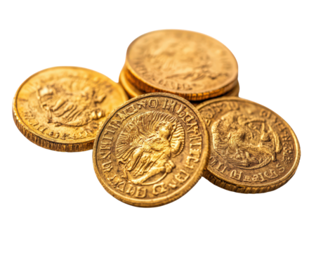 A pile of gold coins with different designs and sizes