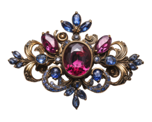 A gold and blue brooch with pink and blue stones