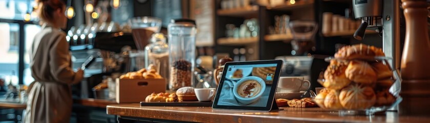 Fototapeta premium A bustling cafe with a person watching a cooking show on a tablet, coffee and pastries on the table, side view, capturing everyday convenience, digital tone, Triadic Color Scheme