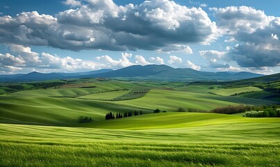Fototapeta premium Rolling green fields extending to the horizon, with picturesque mountains and a sky filled with beautiful, textured clouds
