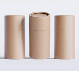 Brown Paper tube package mockups isolated on white background. Blank craft carton circular realistic tube texture. Cylindrical container with cap for product branding 