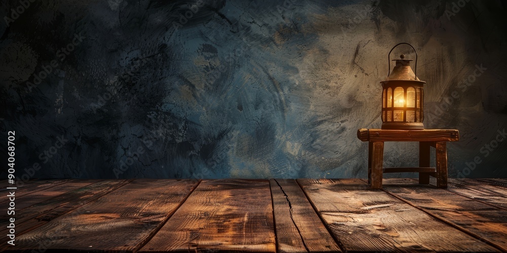 Leinwandbilder An empty wood table with a rustic lantern, creating a warm and inviting atmosphere