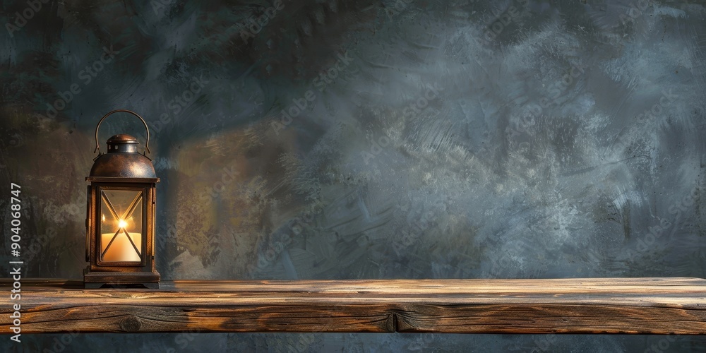 Leinwandbilder an empty wood table with a rustic lantern, creating a warm and inviting atmosphere