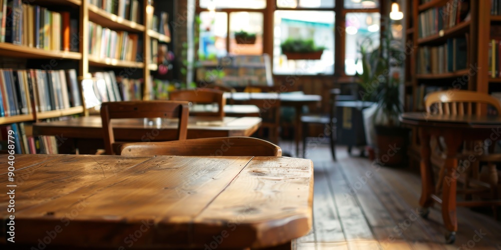 Fototapete an empty wood table in a cozy corner of a bookstore, waiting for readers to browse and enjoy their f