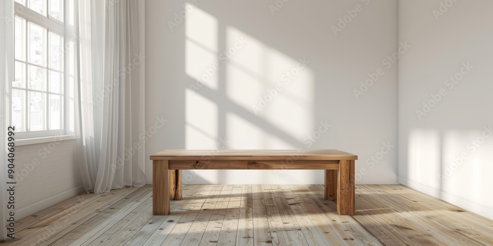 Poster an empty wood table in a minimalist studio apartment, highlighting simplicity and elegance