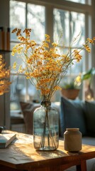 A beautiful arrangement of butterfly bush flowers in a glass vase sits elegantly on a wooden table in a cozy and stylish living room, illuminated by warm sunlight.