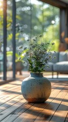 A decorative vase filled with Butterfly Bush flowers serves as a centerpiece in a stylish, cozy living room illuminated by natural sunlight, creating a tranquil atmosphere.
