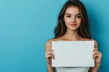 Naklejka premium a beautiful young girl holding up a blank piece of paper - studio portrait on blue background - mockup template