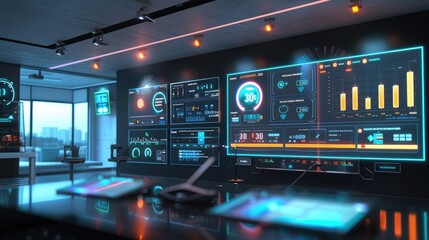 A futuristic control room for a smart home, featuring an energy management system with touchscreens displaying real-time energy data.