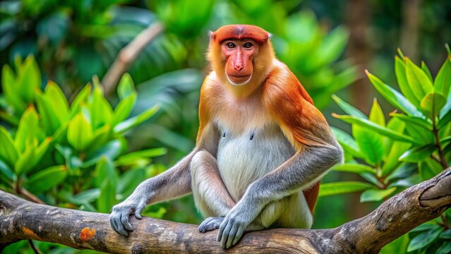 Large, rare proboscis monkey with distinctive long nose sits majestically on mangrove tree branch in lush Borneo jungle habitat.
