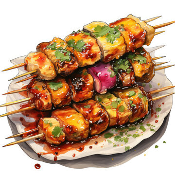 grilled skewers with sauce on white plate clip art preview