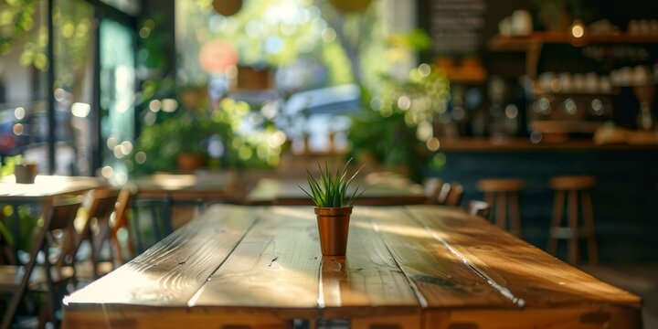 An empty wood table in a cozy cafT, waiting for customers to enjoy their coffee and pastries