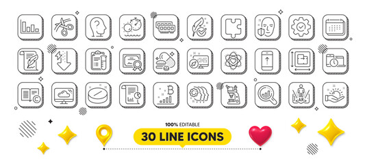 Bitcoin graph, Copyright and Microscope line icons pack. 3d design elements. Web system, Calendar, Psychology web icon. Employees teamwork, Seo analysis, Feather pictogram. Vector