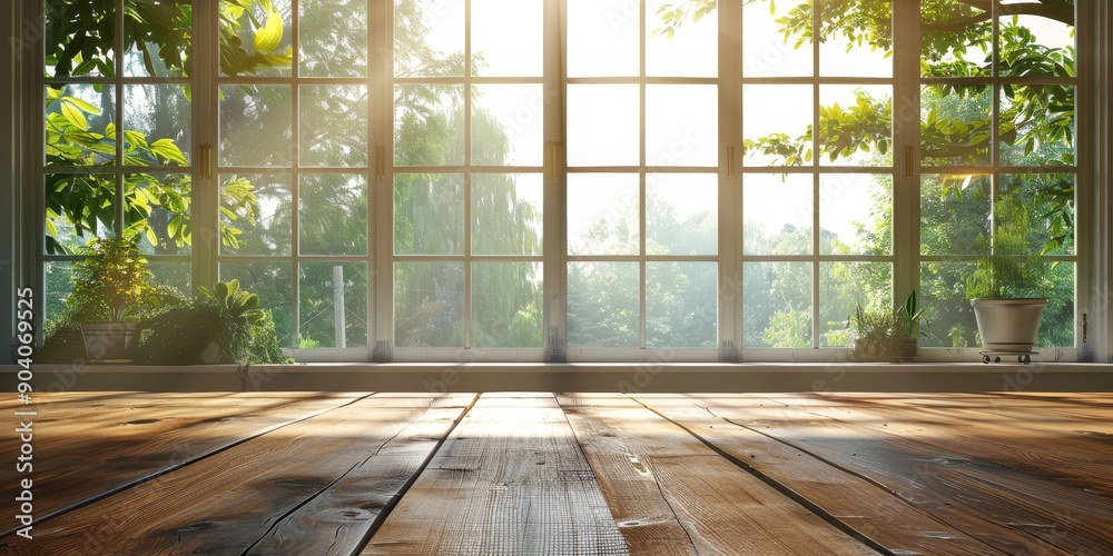 Poster an empty wood table by a large window, bathed in natural light and offering a perfect spot for readi