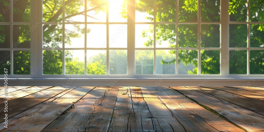 Poster an empty wood table by a large window, bathed in natural light and offering a perfect spot for readi