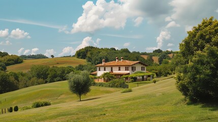 A white farmhouse with a red tile roof nestled in a green valley with rolling hills.