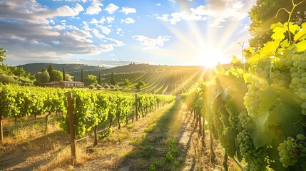 Naklejka premium A vineyard with rows of grapevines, bathed in the golden light of the setting sun.