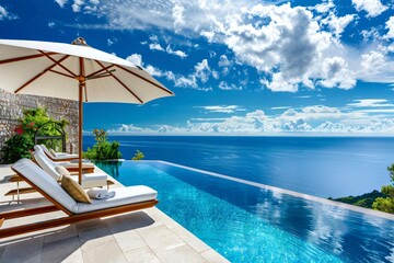 Fototapeta premium Infinity pool overlooking a tropical ocean with sun loungers and a parasol on a sunny day