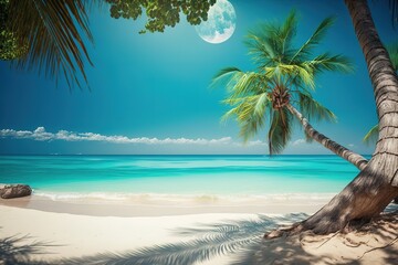 Tropical beach scene with palm tree, white sand and blue water under a bright full moon.