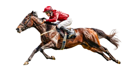  Thundering Towards Victory: A powerful bay horse and determined jockey race toward the finish line in a vibrant equestrian scene.  © Natural PNG
