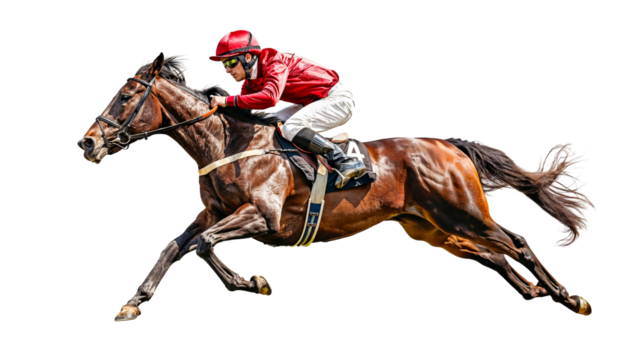 Thundering Towards Victory: A powerful bay horse and determined jockey race toward the finish line in a vibrant equestrian scene. 