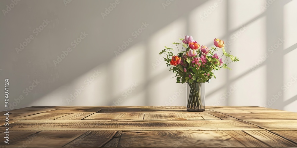 Fototapete an empty wood table with a vase of fresh flowers, adding a touch of color and freshness to the scene