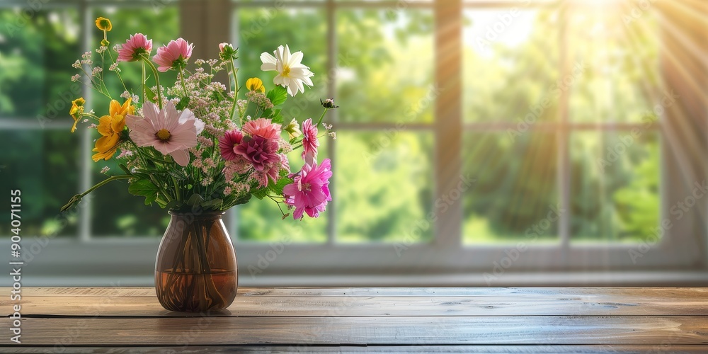 Fototapete an empty wood table with a vase of fresh flowers, adding a touch of color and freshness to the scene