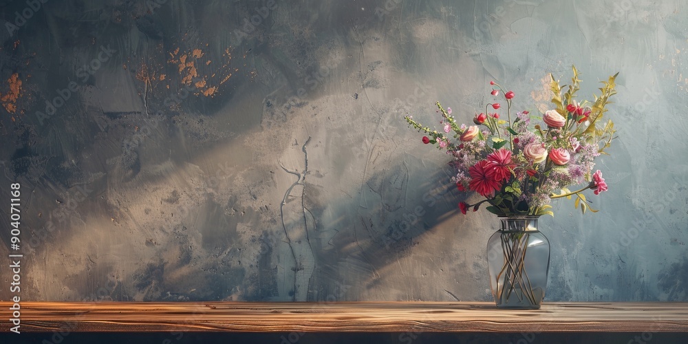 Fototapete an empty wood table with a vase of fresh flowers, adding a touch of color and freshness to the scene