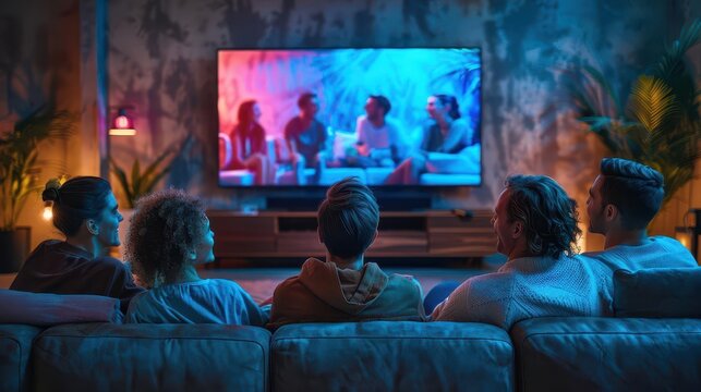 A group of friends on a couch with a big screen TV showing a movie