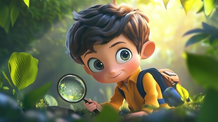 A cute cartoon boy with short hair and big eyes, exploring nature with a magnifying glass