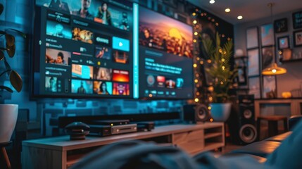 Obraz premium A home theater setup with a large screen displaying a streaming services browsing interface
