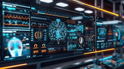 A futuristic diagnostic tool powered by AI, with multiple screens displaying intricate medical data and detailed analysis.