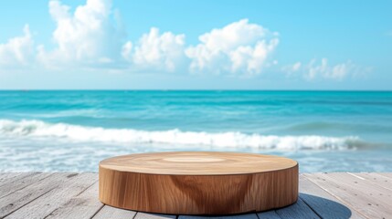 A wooden pedestal set against a beach background